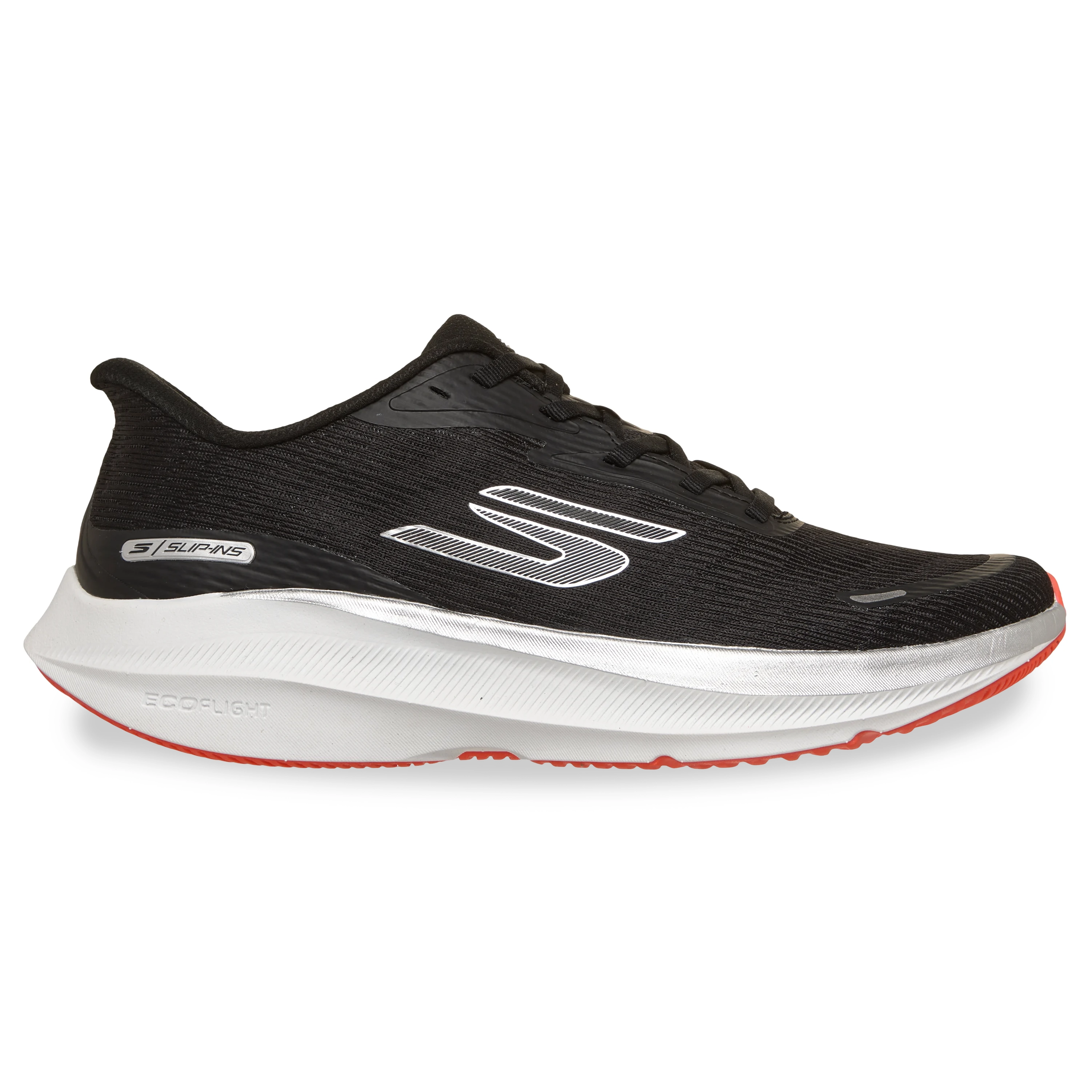 Tênis Skechers Skx Aero Pulse masculino preto em ângulo frontal com detalhes em cinza e vermelho